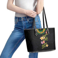 Hawaiian Lei Plumeria and Tropical Leaves Leather Tote Bag Watercolor Style
