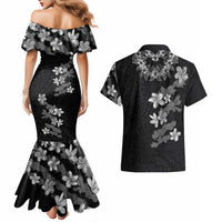 Hawaiian Lei Plumeria and Tropical Leaves Couples Matching Mermaid Dress and Hawaiian Shirt Watercolor Style-Grayscale LT03 - Polynesian Pride