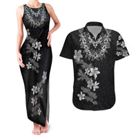 Hawaiian Lei Plumeria and Tropical Leaves Couples Matching Tank Maxi Dress and Hawaiian Shirt Watercolor Style-Grayscale LT03 Black - Polynesian Pride