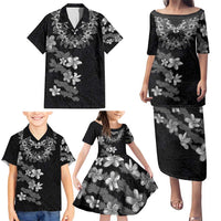 Hawaiian Lei Plumeria and Tropical Leaves Family Matching Puletasi and Hawaiian Shirt Watercolor Style-Grayscale