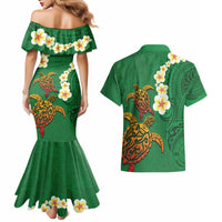 Hawaii Turtle Plumeria Flower Couples Matching Mermaid Dress and Hawaiian Shirt Polynesian Pattern Green Color LT03 - Polynesian Pride
