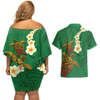 Hawaii Turtle Plumeria Flower Couples Matching Off Shoulder Short Dress and Hawaiian Shirt Polynesian Pattern Green Color