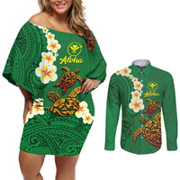 Hawaii Turtle Plumeria Flower Couples Matching Off Shoulder Short Dress and Long Sleeve Button Shirt Polynesian Pattern Green Color LT03 Green - Polynesian Pride