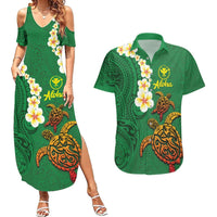 Hawaii Turtle Plumeria Flower Couples Matching Summer Maxi Dress and Hawaiian Shirt Polynesian Pattern Green Color LT03 Green - Polynesian Pride