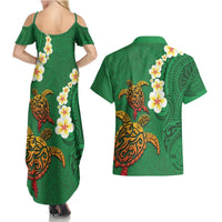 Hawaii Turtle Plumeria Flower Couples Matching Summer Maxi Dress and Hawaiian Shirt Polynesian Pattern Green Color LT03 - Polynesian Pride