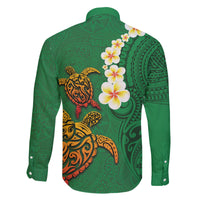 Hawaii Turtle Plumeria Flower Family Matching Long Sleeve Bodycon Dress and Hawaiian Shirt Polynesian Pattern Green Color