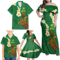 Hawaii Turtle Plumeria Flower Family Matching Off Shoulder Maxi Dress and Hawaiian Shirt Polynesian Pattern Green Color LT03 - Polynesian Pride