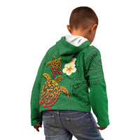 Hawaii Turtle Plumeria Flower Kid Hoodie Polynesian Pattern Green Color