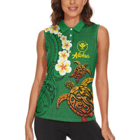 Hawaii Turtle Plumeria Flower Women Sleeveless Polo Shirt Polynesian Pattern Green Color
