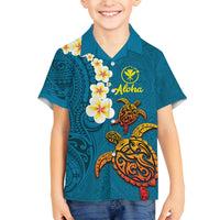 Hawaii Turtle Plumeria Flower Family Matching Tank Maxi Dress and Hawaiian Shirt Polynesian Pattern Blue Color