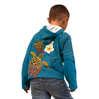 Hawaii Turtle Plumeria Flower Kid Hoodie Polynesian Pattern Blue Color