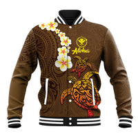 Hawaii Turtle Plumeria Flower Baseball Jacket Polynesian Pattern Brown Color