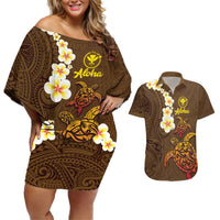 Hawaii Turtle Plumeria Flower Couples Matching Off Shoulder Short Dress and Hawaiian Shirt Polynesian Pattern Brown Color LT03 Brown - Polynesian Pride