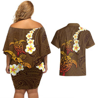 Hawaii Turtle Plumeria Flower Couples Matching Off Shoulder Short Dress and Hawaiian Shirt Polynesian Pattern Brown Color LT03 - Polynesian Pride