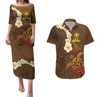 Hawaii Turtle Plumeria Flower Couples Matching Puletasi and Hawaiian Shirt Polynesian Pattern Brown Color LT03 Brown - Polynesian Pride