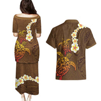 Hawaii Turtle Plumeria Flower Couples Matching Puletasi and Hawaiian Shirt Polynesian Pattern Brown Color LT03 - Polynesian Pride