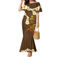 Hawaii Turtle Plumeria Flower Family Matching Mermaid Dress and Hawaiian Shirt Polynesian Pattern Brown Color
