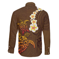 Hawaii Turtle Plumeria Flower Family Matching Off Shoulder Maxi Dress and Hawaiian Shirt Polynesian Pattern Brown Color LT03 - Polynesian Pride