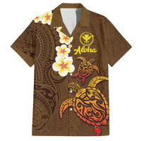 Hawaii Turtle Plumeria Flower Family Matching Tank Maxi Dress and Hawaiian Shirt Polynesian Pattern Brown Color