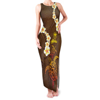 Hawaii Turtle Plumeria Flower Family Matching Tank Maxi Dress and Hawaiian Shirt Polynesian Pattern Brown Color