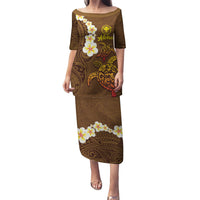 Hawaii Turtle Plumeria Flower Puletasi Polynesian Pattern Brown Color LT03 Long Dress Brown - Polynesian Pride