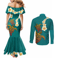 Hawaii Turtle Plumeria Flower Couples Matching Mermaid Dress and Long Sleeve Button Shirt Polynesian Pattern Turquoise Color