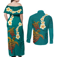 Hawaii Turtle Plumeria Flower Couples Matching Off Shoulder Maxi Dress and Long Sleeve Button Shirt Polynesian Pattern Turquoise Color