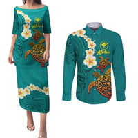 Hawaii Turtle Plumeria Flower Couples Matching Puletasi and Long Sleeve Button Shirt Polynesian Pattern Turquoise Color