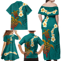 Hawaii Turtle Plumeria Flower Family Matching Off Shoulder Maxi Dress and Hawaiian Shirt Polynesian Pattern Turquoise Color LT03 - Polynesian Pride