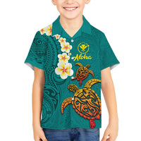 Hawaii Turtle Plumeria Flower Family Matching Off Shoulder Short Dress and Hawaiian Shirt Polynesian Pattern Turquoise Color LT03 Son's Shirt Turquoise - Polynesian Pride