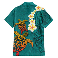Hawaii Turtle Plumeria Flower Family Matching Tank Maxi Dress and Hawaiian Shirt Polynesian Pattern Turquoise Color