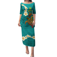 Hawaii Turtle Plumeria Flower Puletasi Polynesian Pattern Turquoise Color LT03 Long Dress Turquoise - Polynesian Pride