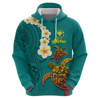 Hawaii Turtle Plumeria Flower Zip Hoodie Polynesian Pattern Turquoise Color