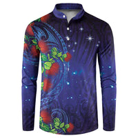 Matariki New Zealand Maori and Pohutukawa Button Sweatshirt Galaxy Blue Sky Style