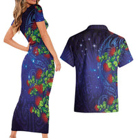 Matariki New Zealand Maori and Pohutukawa Couples Matching Short Sleeve Bodycon Dress and Hawaiian Shirt Galaxy Blue Sky Style