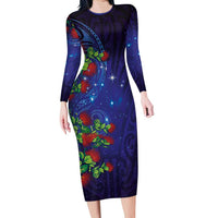 Matariki New Zealand Maori and Pohutukawa Family Matching Long Sleeve Bodycon Dress and Hawaiian Shirt Galaxy Blue Sky Style