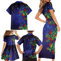 Matariki New Zealand Maori and Pohutukawa Family Matching Short Sleeve Bodycon Dress and Hawaiian Shirt Galaxy Blue Sky Style
