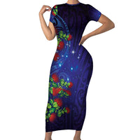 Matariki New Zealand Maori and Pohutukawa Short Sleeve Bodycon Dress Galaxy Blue Sky Style