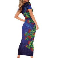 Matariki New Zealand Maori and Pohutukawa Short Sleeve Bodycon Dress Galaxy Blue Sky Style