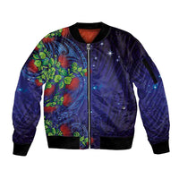 Matariki New Zealand Maori and Pohutukawa Sleeve Zip Bomber Jacket Galaxy Blue Sky Style