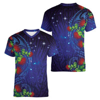 Matariki New Zealand Maori and Pohutukawa Women V-Neck T-Shirt Galaxy Blue Sky Style