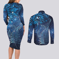 Matariki New Zealand Maori Silver Fern Couples Matching Long Sleeve Bodycon Dress and Long Sleeve Button Shirt Galaxy Blue Sky Style