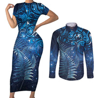Matariki New Zealand Maori Silver Fern Couples Matching Short Sleeve Bodycon Dress and Long Sleeve Button Shirt Galaxy Blue Sky Style