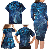 Matariki New Zealand Maori Silver Fern Family Matching Long Sleeve Bodycon Dress and Hawaiian Shirt Galaxy Blue Sky Style