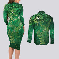 Matariki New Zealand Maori Silver Fern Couples Matching Long Sleeve Bodycon Dress and Long Sleeve Button Shirt Galaxy Green Sky Style