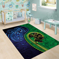 New Zealand Matariki Fern Frond Koru Area Rug with Galaxy Blue Sky and Green Paua Shell Art