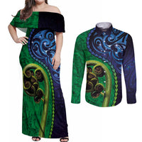 New Zealand Matariki Fern Frond Koru Couples Matching Off Shoulder Maxi Dress and Long Sleeve Button Shirt with Galaxy Blue Sky and Green Paua Shell Art
