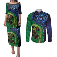 New Zealand Matariki Fern Frond Koru Couples Matching Puletasi and Long Sleeve Button Shirt with Galaxy Blue Sky and Green Paua Shell Art