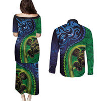 New Zealand Matariki Fern Frond Koru Couples Matching Puletasi and Long Sleeve Button Shirt with Galaxy Blue Sky and Green Paua Shell Art