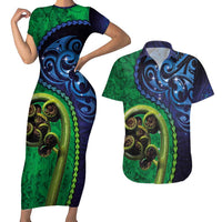 New Zealand Matariki Fern Frond Koru Couples Matching Short Sleeve Bodycon Dress and Hawaiian Shirt with Galaxy Blue Sky and Green Paua Shell Art